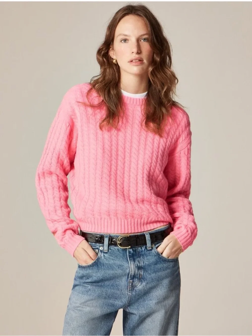 J. Crew perfect cable-knit neon capri pink cashmere crewneck sweater XS CO324